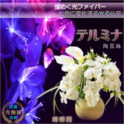 画像1: お盆飾り【LED光触媒・光ファイバー仏花：テルミナ陶器鉢　胡蝶蘭】お盆用品　霊前灯　提灯　供花　供物　お供え　造花　仏壇用仏具　新盆　初盆　盆花　迎え火　送り火　インテリア行灯