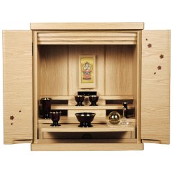 画像1: 8月上旬入荷予定・仏具付き【ミニ仏壇　桜都（おと）櫻象嵌　19号　ワイド型　オーク色】納骨　おしゃれ モダン仏壇 小型 コンパクト 仏具セット き シンプル　送料無料