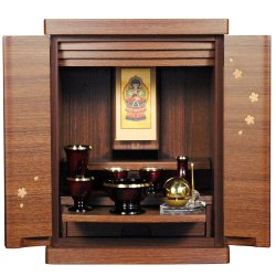 画像1: 仏具付き【ミニ仏壇　桜都（おと）櫻象嵌　15号　ウォールナット色】納骨　おしゃれ モダン仏壇 小型 コンパクト 仏具セット き シンプル　送料無料