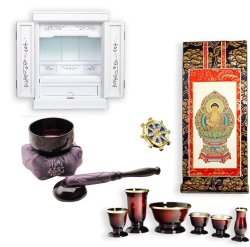 画像1: ホワイト色　仏壇付仏壇【伝統型仏壇：天然貝・螺鈿細工　和モダン・花夕（はなゆう）　16号+仏具一式】小型仏壇　家具調仏壇　上置き仏壇　送料無料