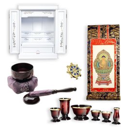 画像1: ホワイト色　仏壇付仏壇【伝統型仏壇：天然貝・螺鈿細工　和モダン・花夕（はなゆう）　18号+仏具一式】小型仏壇　家具調仏壇　上置き仏壇　送料無料