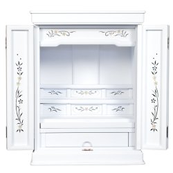 画像4: ホワイト色　仏壇付仏壇【伝統型仏壇：天然貝・螺鈿細工　和モダン・花夕（はなゆう）　18号+仏具一式】小型仏壇　家具調仏壇　上置き仏壇　送料無料