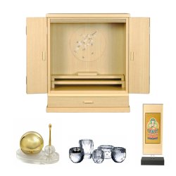 画像1: 【豪華仏具付き】現代調モダン仏壇【天然タモ杢　幻想的で優美な絵柄：桜蝶（さくらちょう）18号ワイド　ナチュラル色】電池式高輝度ダウンライト付属　上置き小型仏壇・ミニ仏壇　デザイン仏壇　送料無料