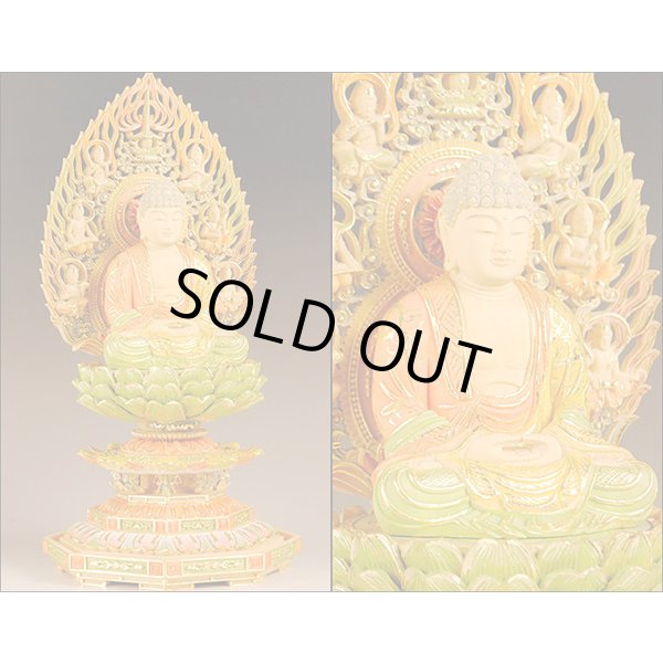 画像3: 仏像・総柘植八角飛天光背【淡彩切金】・釈迦如来2.0寸