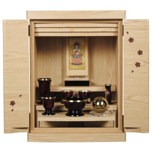 画像: 仏具付き【ミニ仏壇　桜都（おと）櫻象嵌　15号　オーク色】納骨　おしゃれ モダン仏壇 小型 コンパクト 仏具セット き シンプル　送料無料