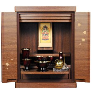 画像: 仏具付き【ミニ仏壇　桜都（おと）櫻象嵌　15号　ウォールナット色】納骨　おしゃれ モダン仏壇 小型 コンパクト 仏具セット き シンプル　送料無料
