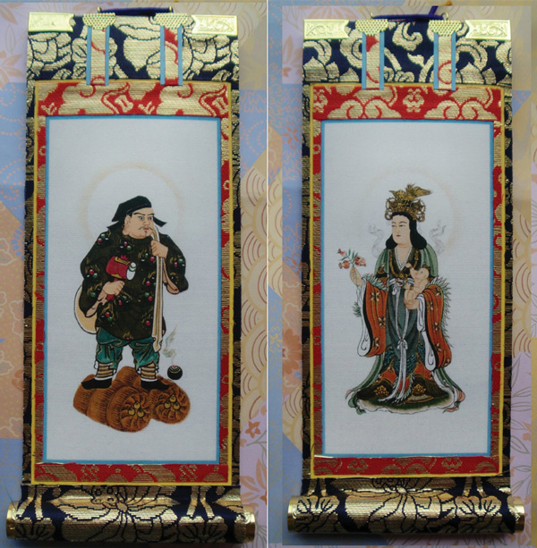 画像1: 京都西陣・上仕立絹本紙・日蓮宗掛軸・脇2枚セット・極豆代