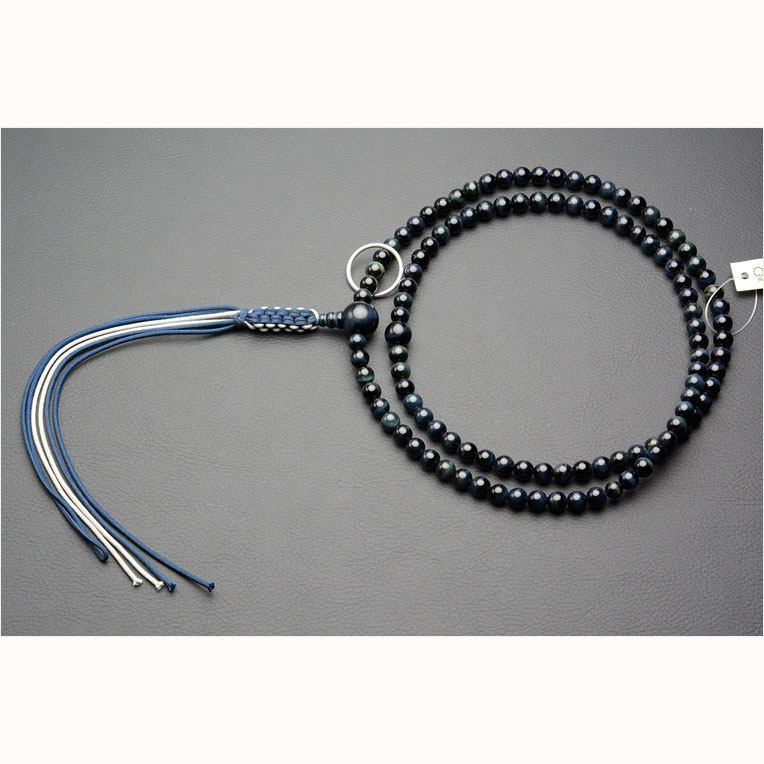 画像2: 数珠【京念珠：青虎目石共仕立 曹洞宗本連・本式数珠】男性用数珠 正絹アミ紐房 桐箱付 送料無料