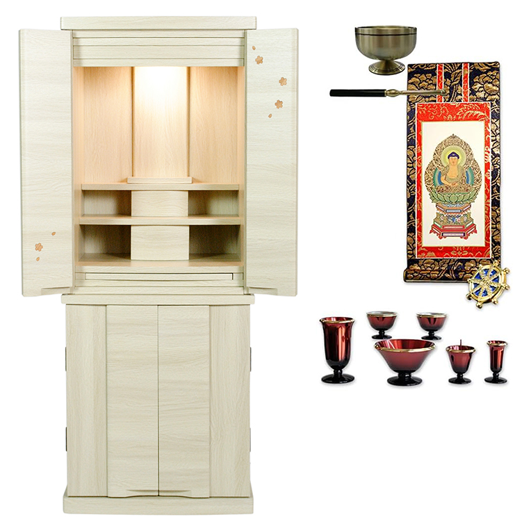 画像1: 星夜仏具付き【和みモダン仏壇：桜都（おと）　ナチュラル色　40号】本尊掛軸　仏具　おりん 現代調仏壇　大型仏壇　家具調仏壇　重ね仏壇　送料無料