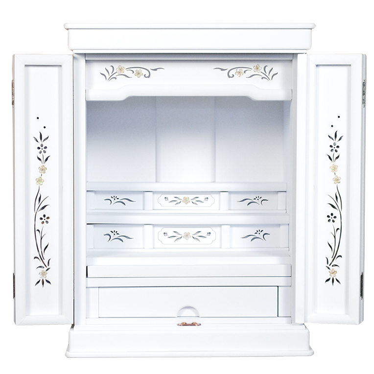 画像3: ホワイト色　仏壇+仏壇台【伝統型仏壇：天然貝・螺鈿細工　和モダン・花夕（はなゆう）　18号】小型仏壇　家具調仏壇　上置き仏壇　送料無料