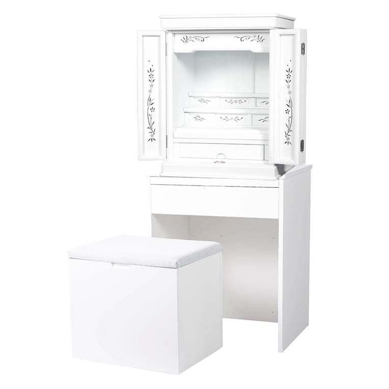 画像1: ホワイト色　仏壇+仏壇台【伝統型仏壇：天然貝・螺鈿細工　和モダン・花夕（はなゆう）　18号】小型仏壇　家具調仏壇　上置き仏壇　送料無料