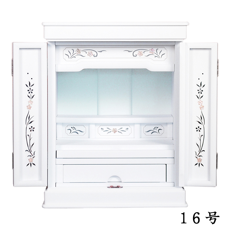 画像2: ホワイト色　モダン仏壇【伝統型仏壇：天然貝・螺鈿細工　和モダン・花夕（はなゆう）16号】小型仏壇　家具調仏壇　上置き仏壇　送料無料