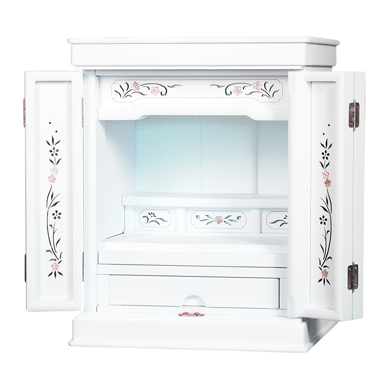 画像1: ホワイト色　モダン仏壇【伝統型仏壇：天然貝・螺鈿細工　和モダン・花夕（はなゆう）16号】小型仏壇　家具調仏壇　上置き仏壇　送料無料