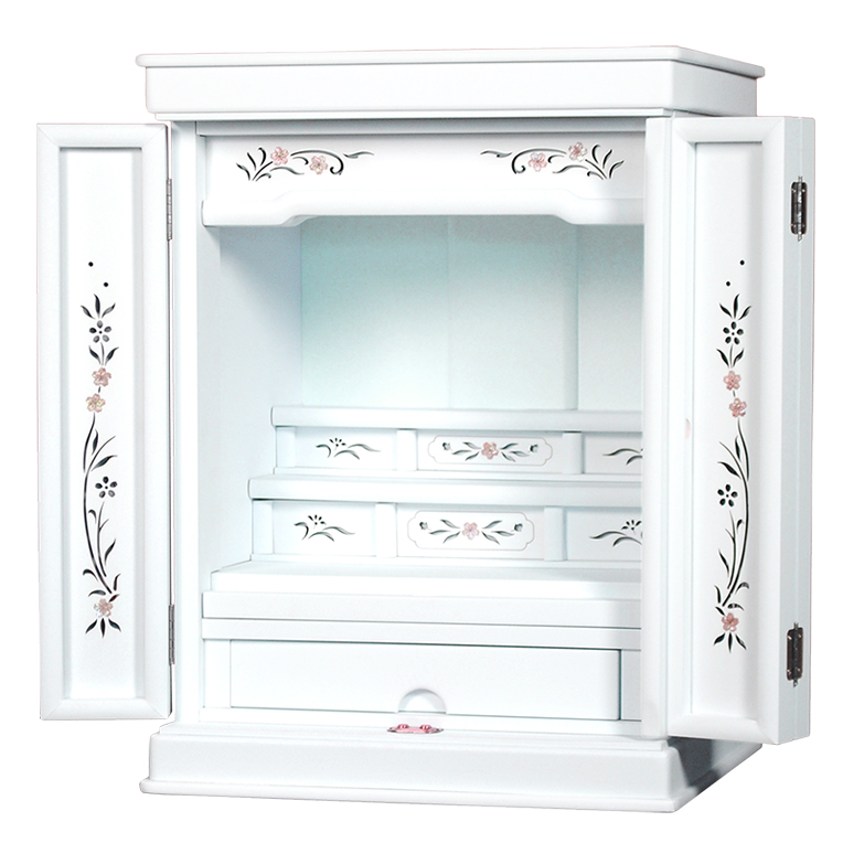 画像3: ホワイト色　仏壇付仏壇【伝統型仏壇：天然貝・螺鈿細工　和モダン・花夕（はなゆう）　18号+仏具一式】小型仏壇　家具調仏壇　上置き仏壇　送料無料